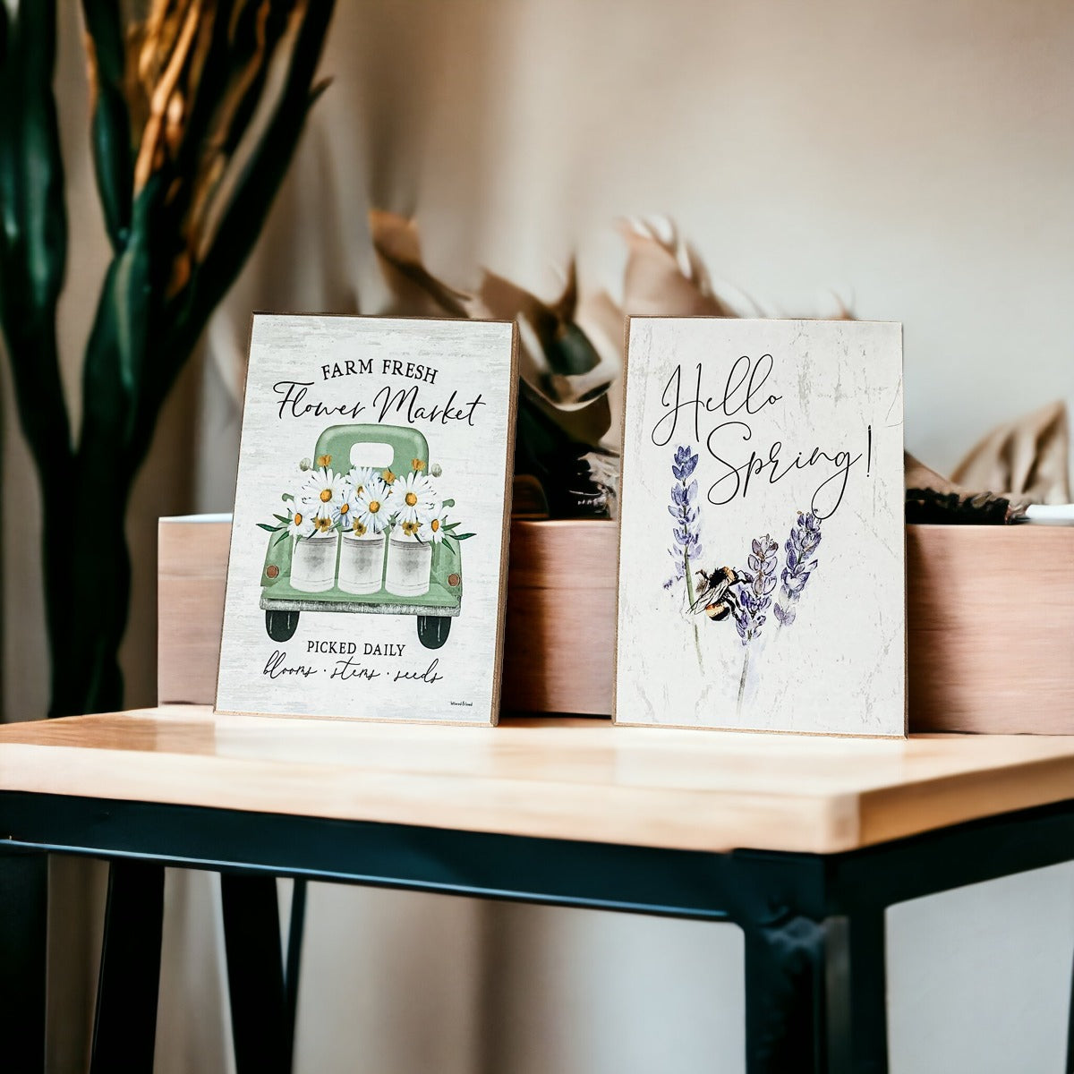 Hello Spring Wooden Block Sign Rustic Farmhouse Shelf Tabletop Decor
