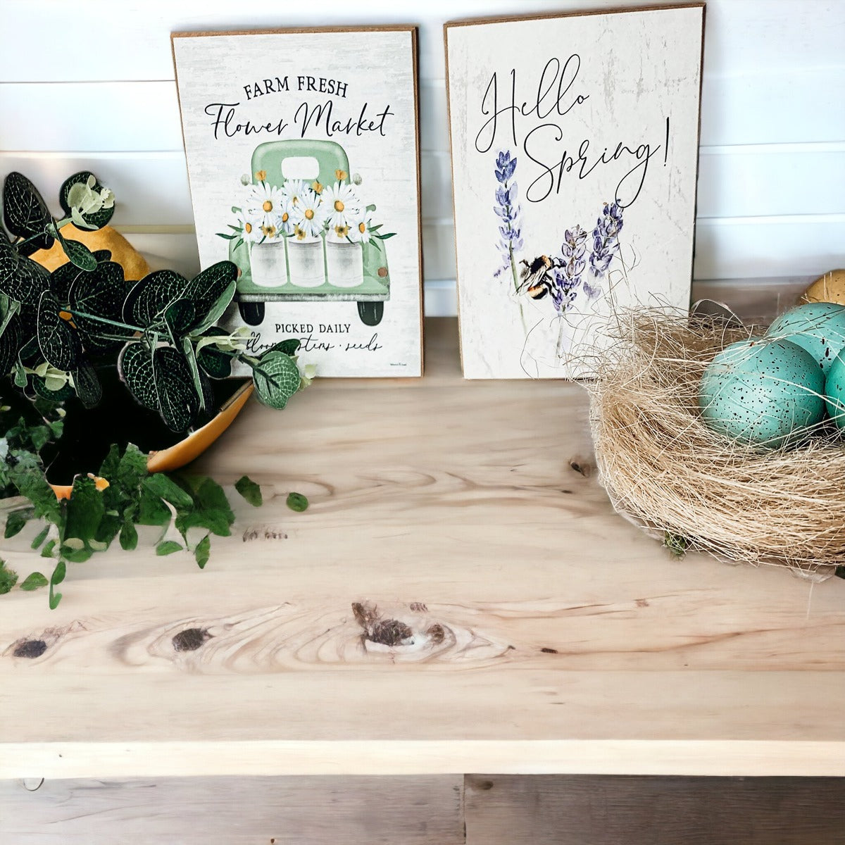 Hello Spring Wooden Block Sign Rustic Farmhouse Shelf Tabletop Decor