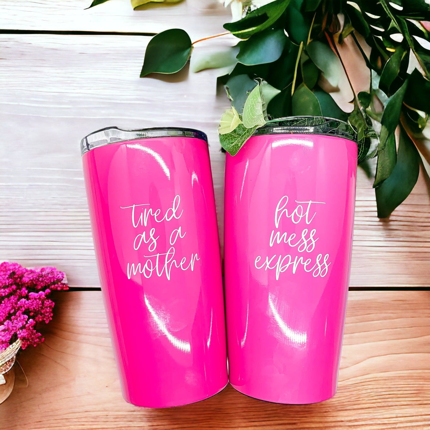 Pink Travel Mug 18oz Stainless Steel Tired As A Mother Insulated Coffee Tumbler Gift For Mom