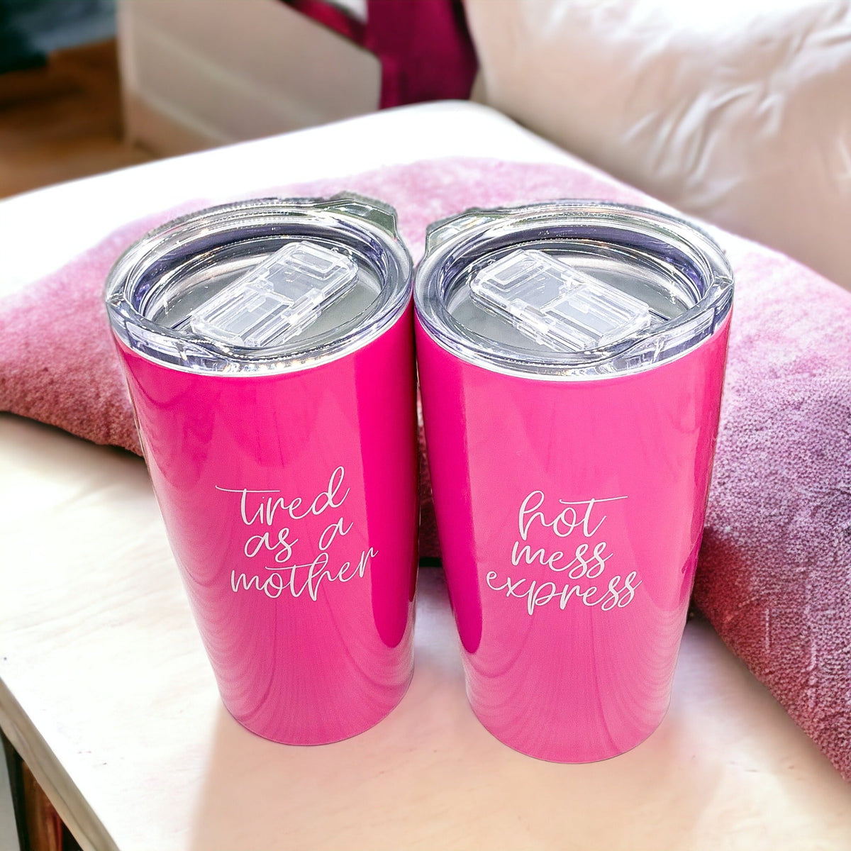 Pink Travel Mug 18oz Stainless Steel Tired As A Mother Insulated Coffee Tumbler Gift For Mom