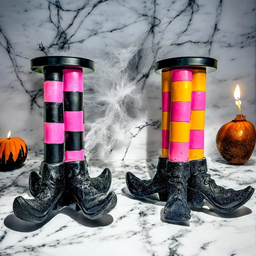 Bougeoir Pilier Sorcière Décoration d'Halloween Bottes Rayées Pailletées