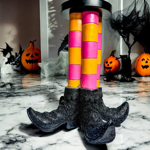 Bougeoir Pilier Sorcière Décoration d'Halloween Bottes Rayées Pailletées