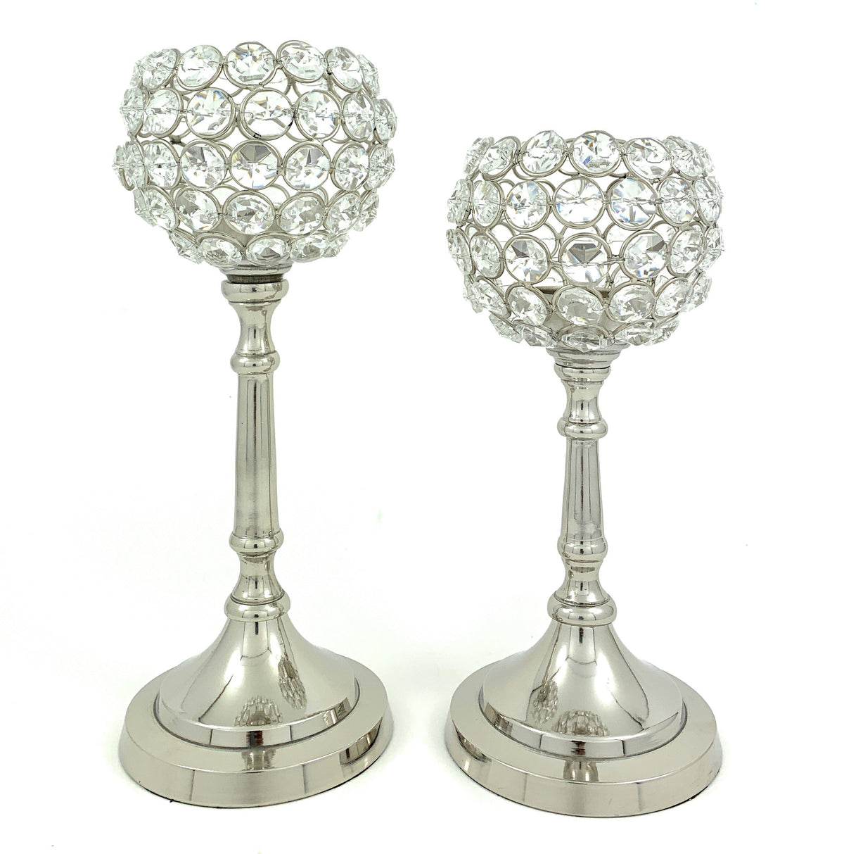 Vibhsa Hurricane Crystal Candle Holders | Set of 2, 8" & 10", Silver Nickel Finish