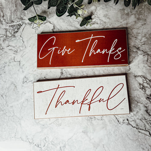 Give Thanks Rustic Wall Sign Set 10x4x1 Inch, Rust Background White Script, Single Or 2-Pack