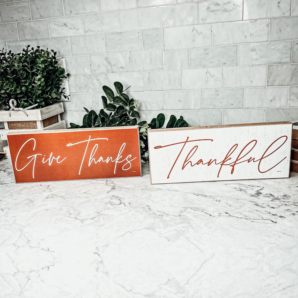 Give Thanks Rustic Wall Sign Set 10x4x1 Inch, Rust Background White Script, Single Or 2-Pack