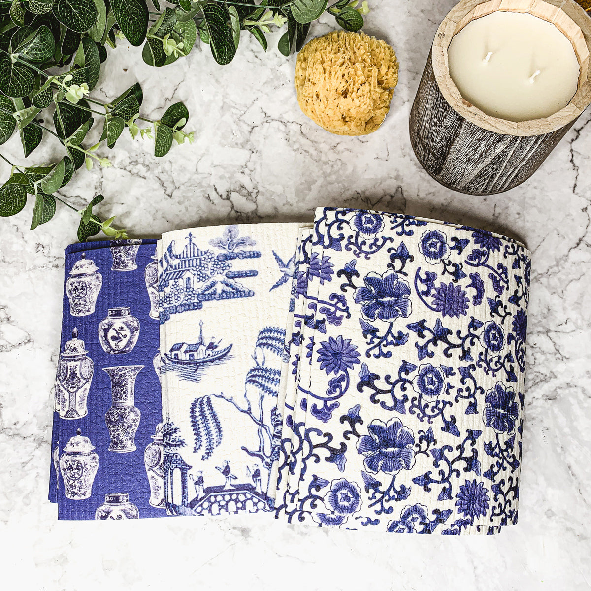 Chinoiserie Öko-Küchentücher – Biologisch abbaubare Zellulose-Baumwolle, 3 Designs