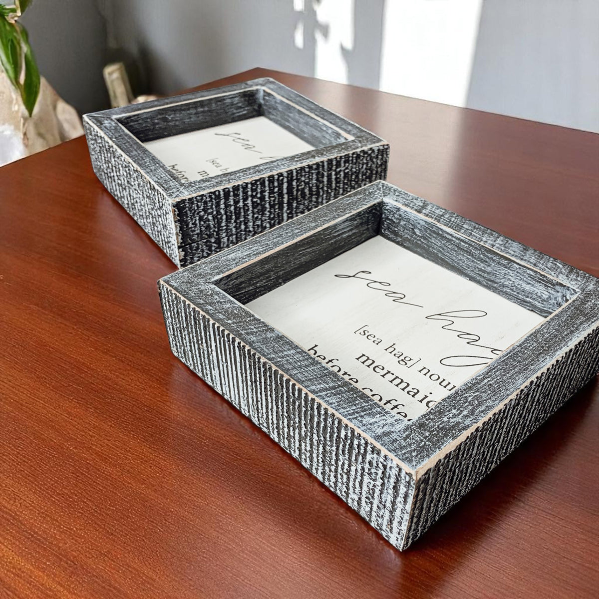 Sea Hag Wooden Sign 5x5 Distressed Gray Frame Funny Morning Mermaid Pre Coffee Decor Plaque