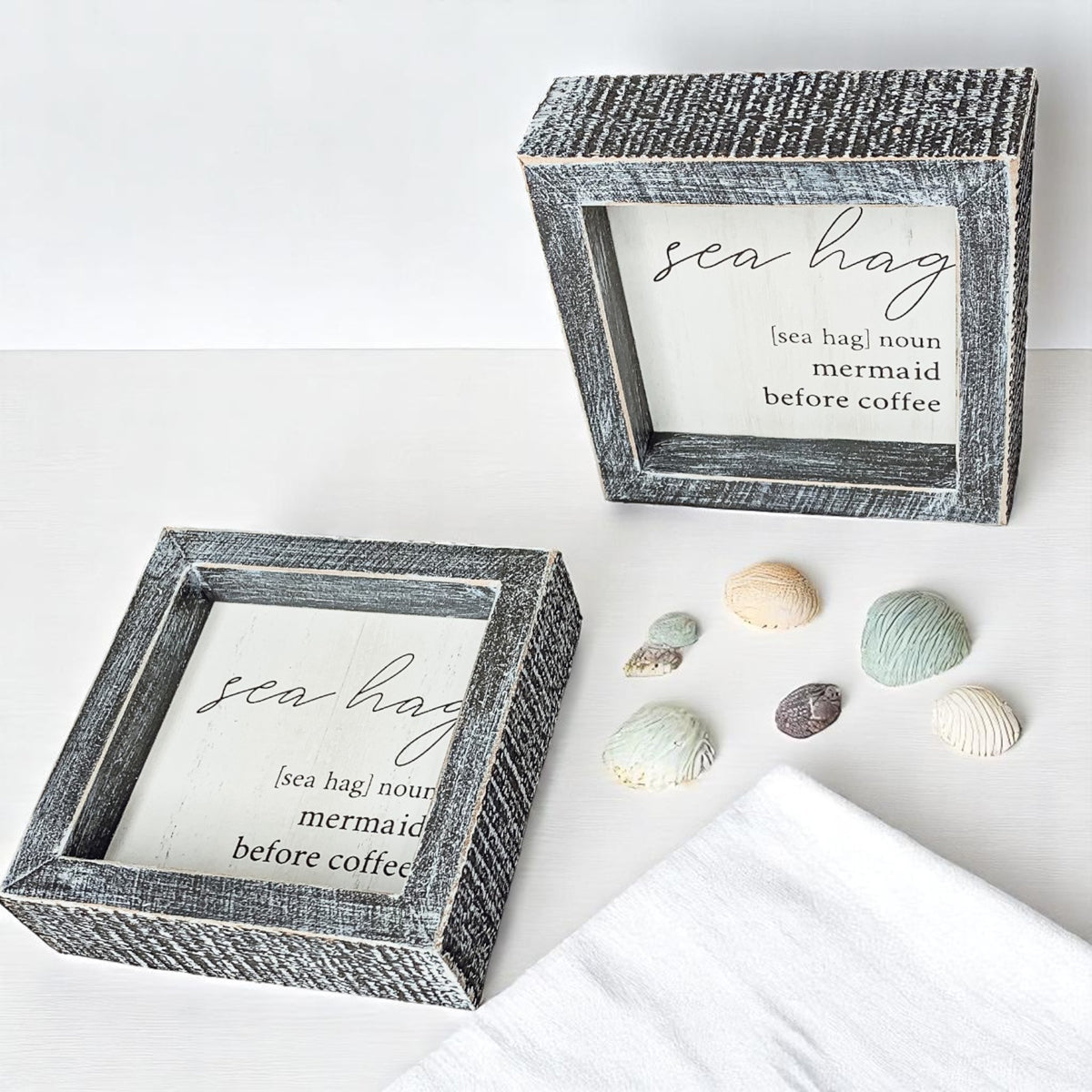 Sea Hag Wooden Sign 5x5 Distressed Gray Frame Funny Morning Mermaid Pre Coffee Decor Plaque
