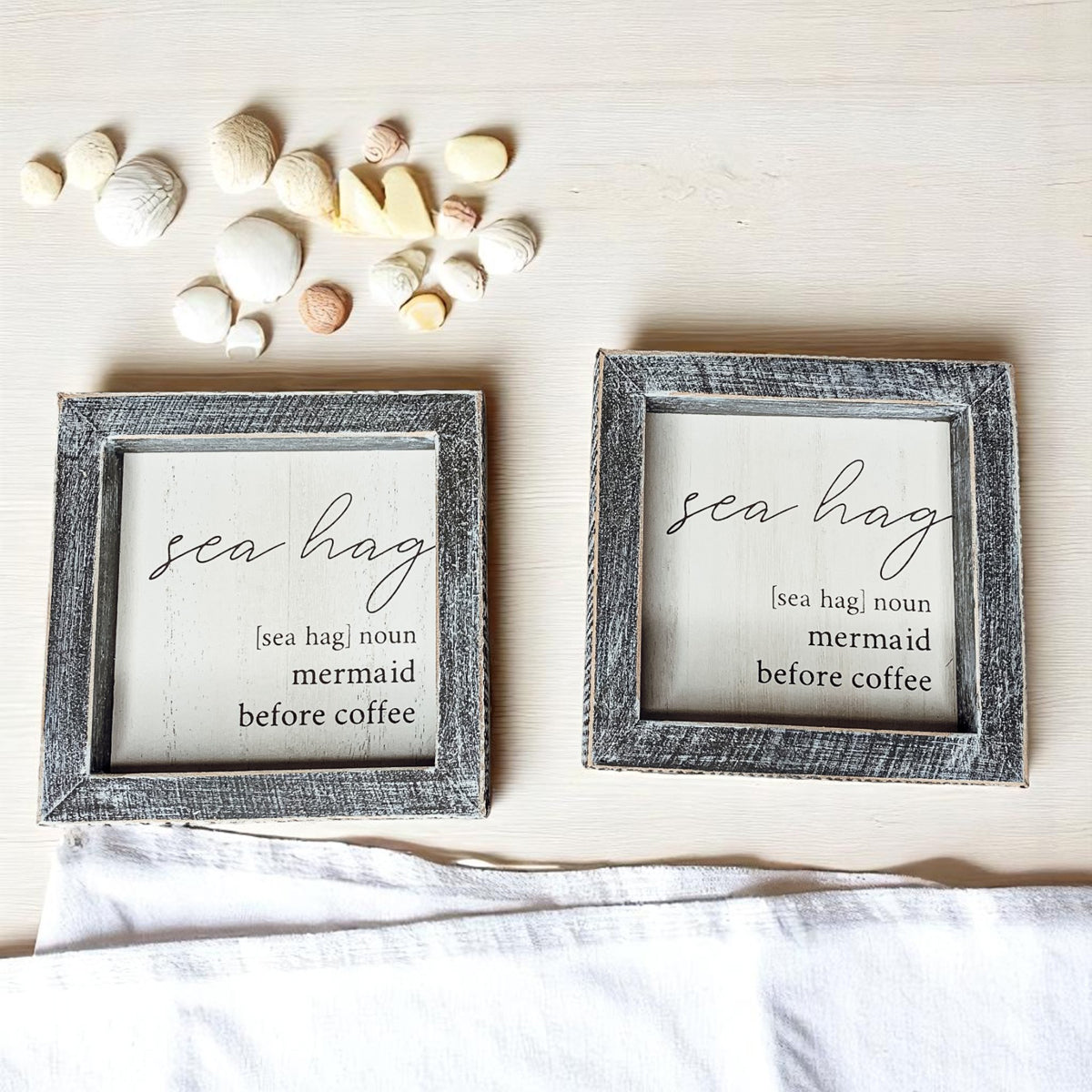 Sea Hag Wooden Sign 5x5 Distressed Gray Frame Funny Morning Mermaid Pre Coffee Decor Plaque