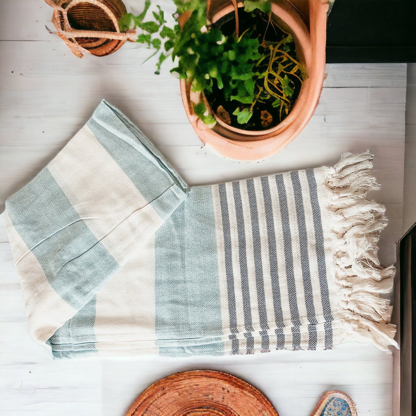 Mediterranes Baumwoll-Badetuch, 180 g/m², leicht, Grau-Blau, Sommer