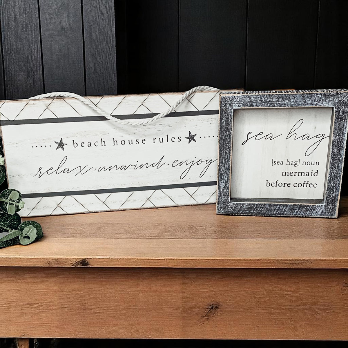 Sea Hag Wooden Sign 5x5 Distressed Gray Frame Funny Morning Mermaid Pre Coffee Decor Plaque