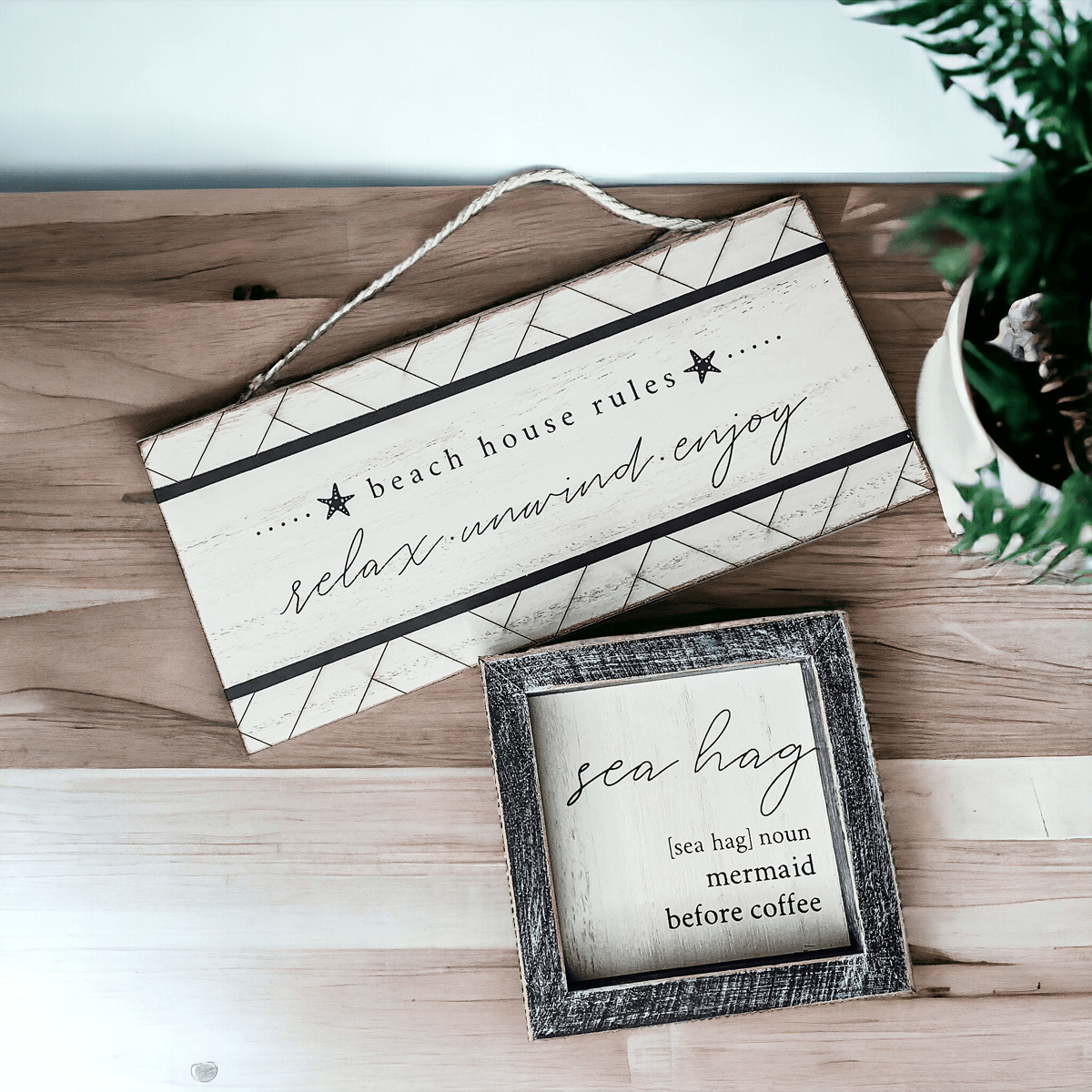 Sea Hag Wooden Sign 5x5 Distressed Gray Frame Funny Morning Mermaid Pre Coffee Decor Plaque