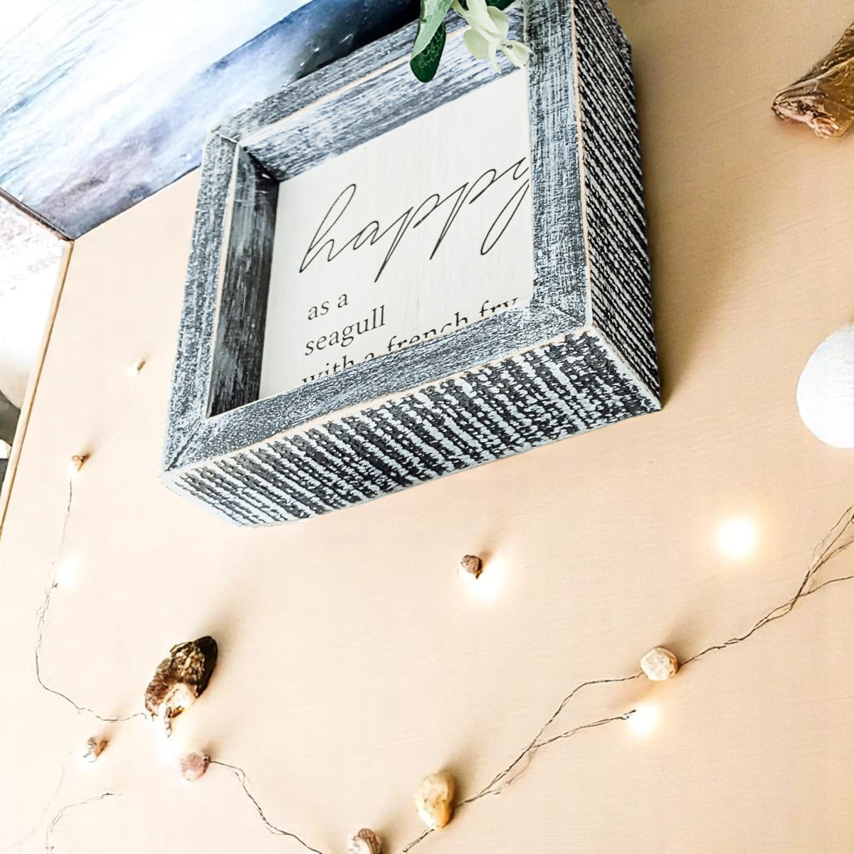 Happy As A Seagull Wooden Sign 5x5 Distressed Gray Frame Beach Decor Funny Coastal Gift