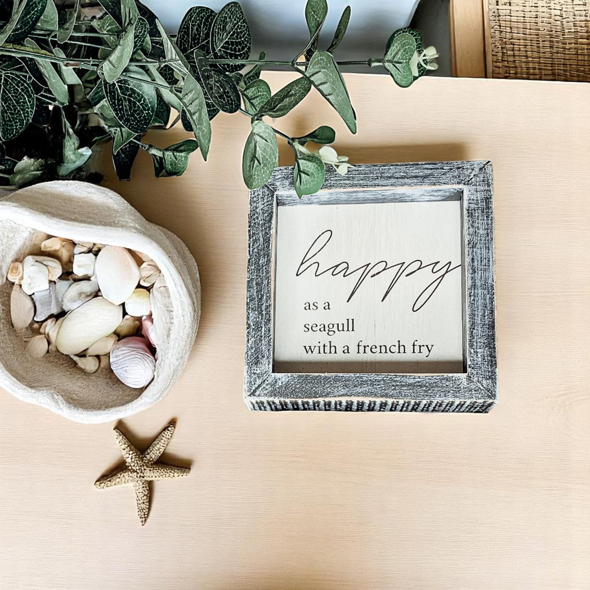 Happy As A Seagull Wooden Sign 5x5 Distressed Gray Frame Beach Decor Funny Coastal Gift