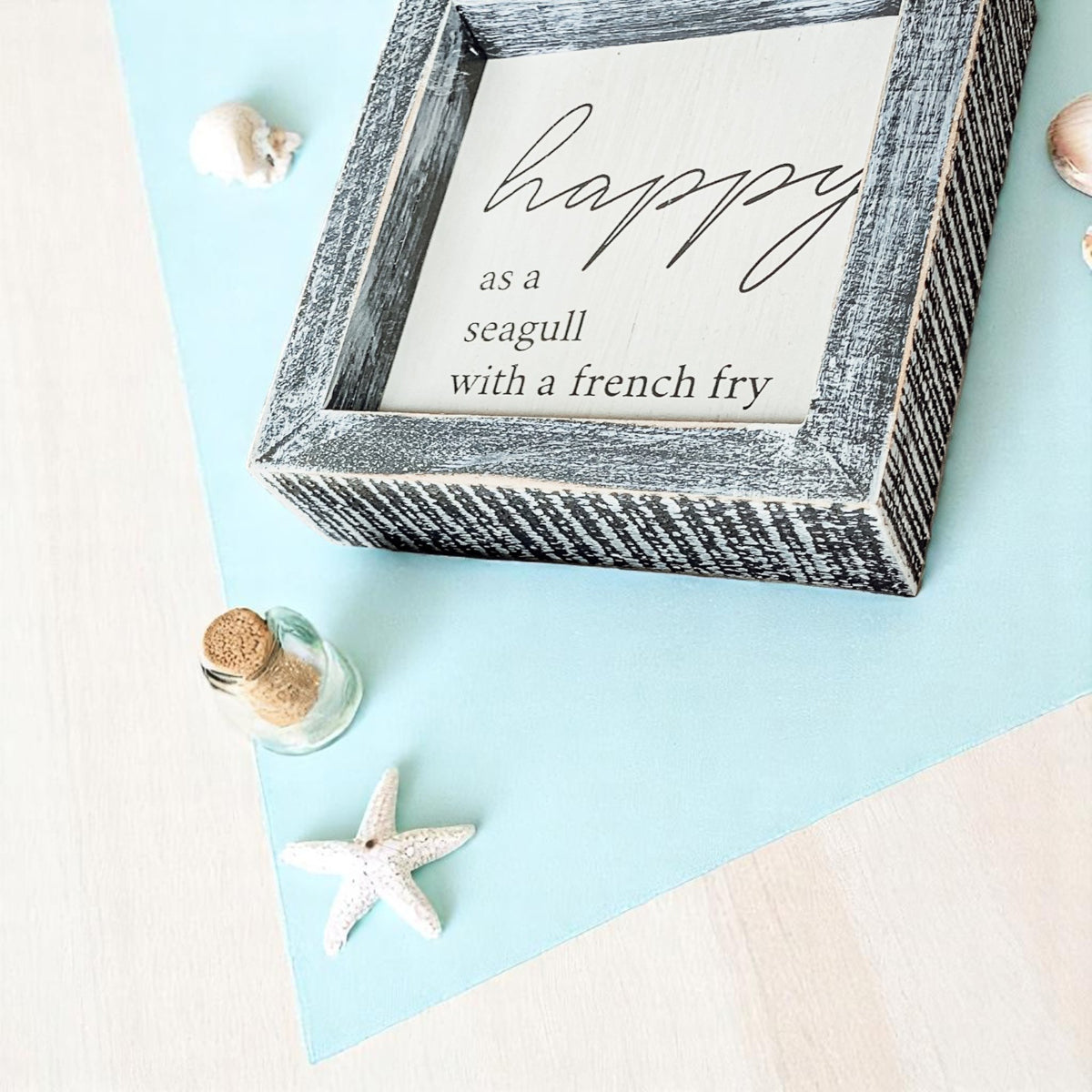Happy As A Seagull Wooden Sign 5x5 Distressed Gray Frame Beach Decor Funny Coastal Gift