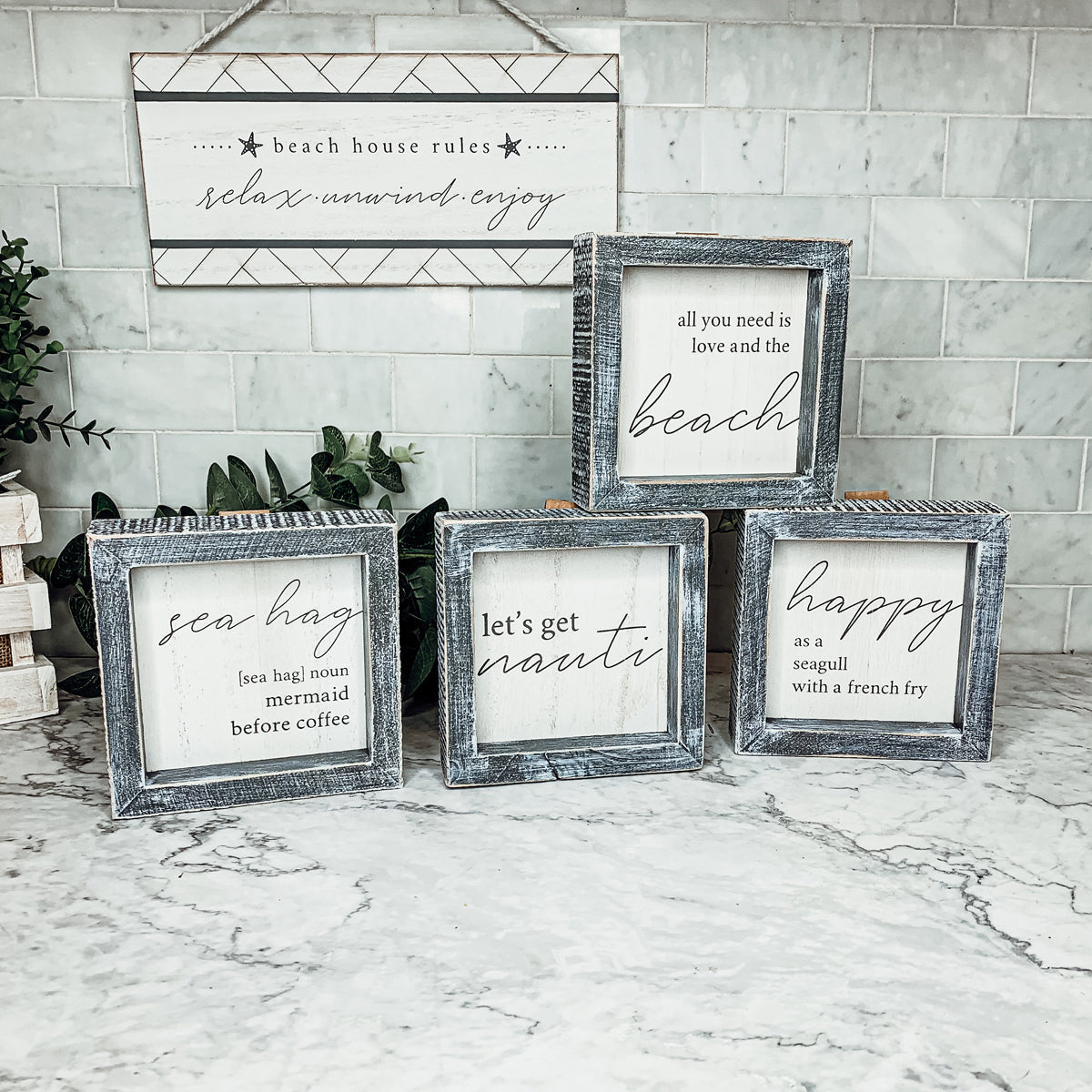 Sea Hag Wooden Sign 5x5 Distressed Gray Frame Funny Morning Mermaid Pre Coffee Decor Plaque