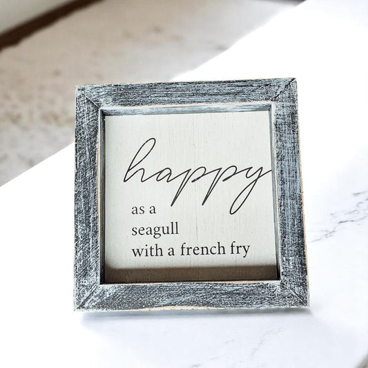 Panneau en bois "Heureux comme une mouette" 5x5 Cadre gris vieilli Décoration de plage Cadeau côtier amusant