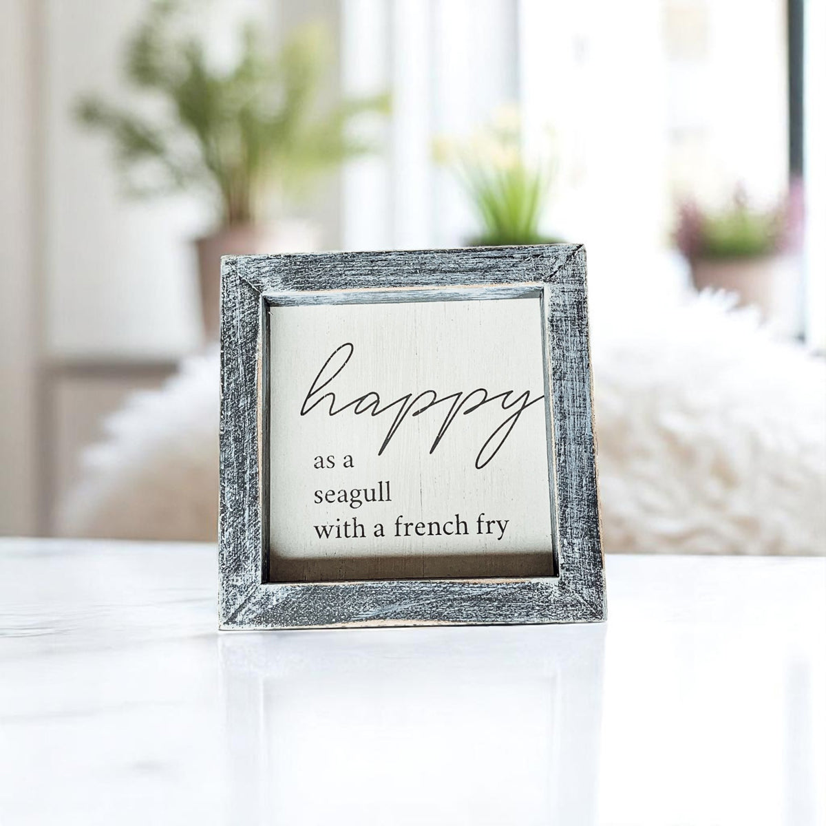 Happy As A Seagull Wooden Sign 5x5 Distressed Gray Frame Beach Decor Funny Coastal Gift