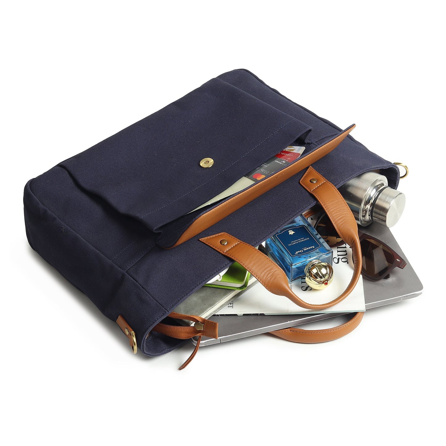 Attaché-case en cuir et toile Voyager, Bleu foncé