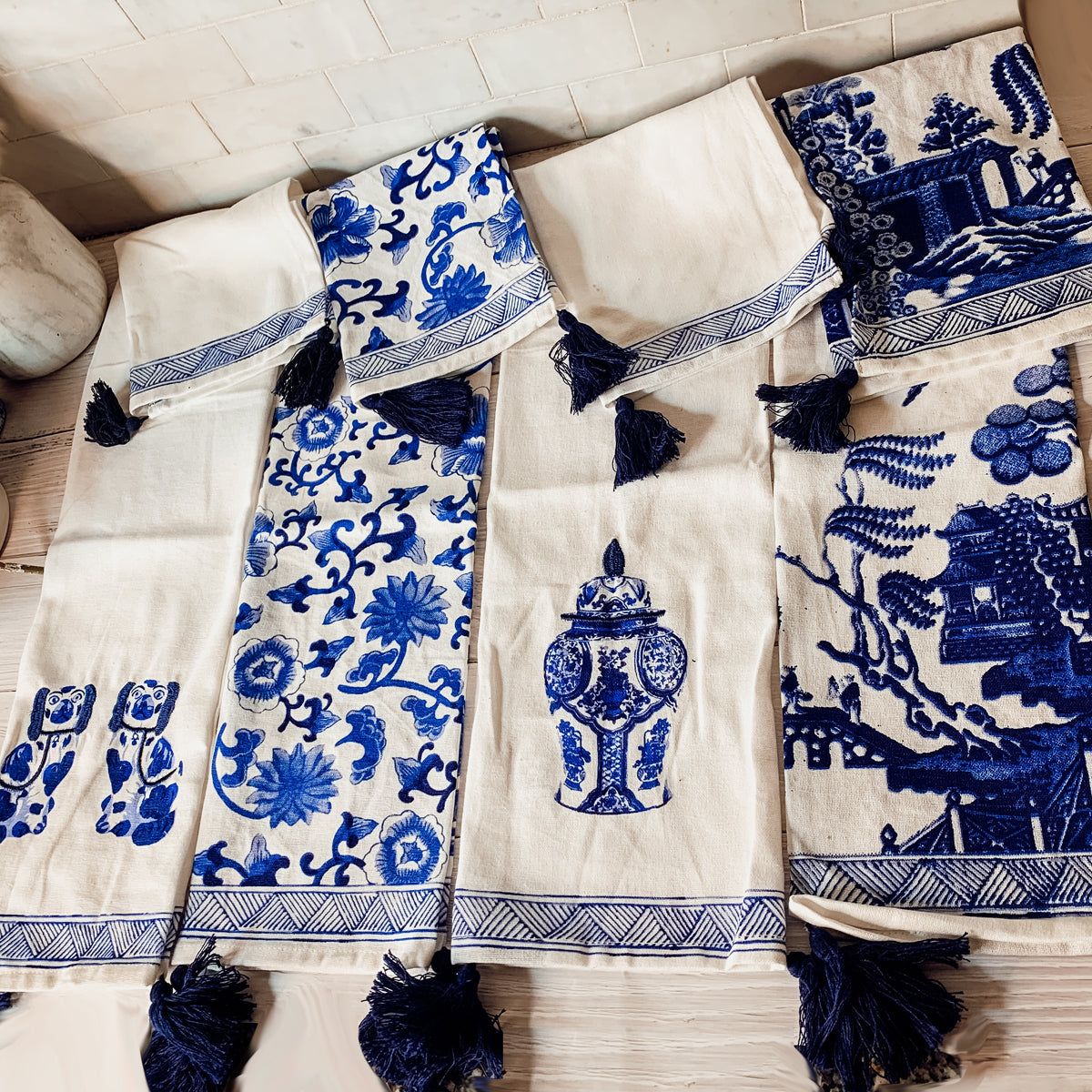 Chinoiserie Geschirrtücher 100% Baumwolle Übergroße Bestickte Spültücher Quasten