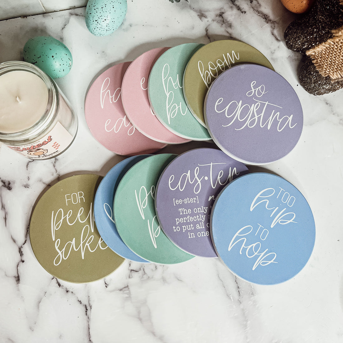 Ostern Keramik Untersetzer Set Frühling 10 cm Saugfähige Getränkeuntersetzer Tischschoner Packung