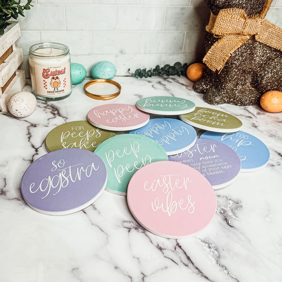 Ostern Keramik Untersetzer Set Frühling 10 cm Saugfähige Getränkeuntersetzer Tischschoner Packung