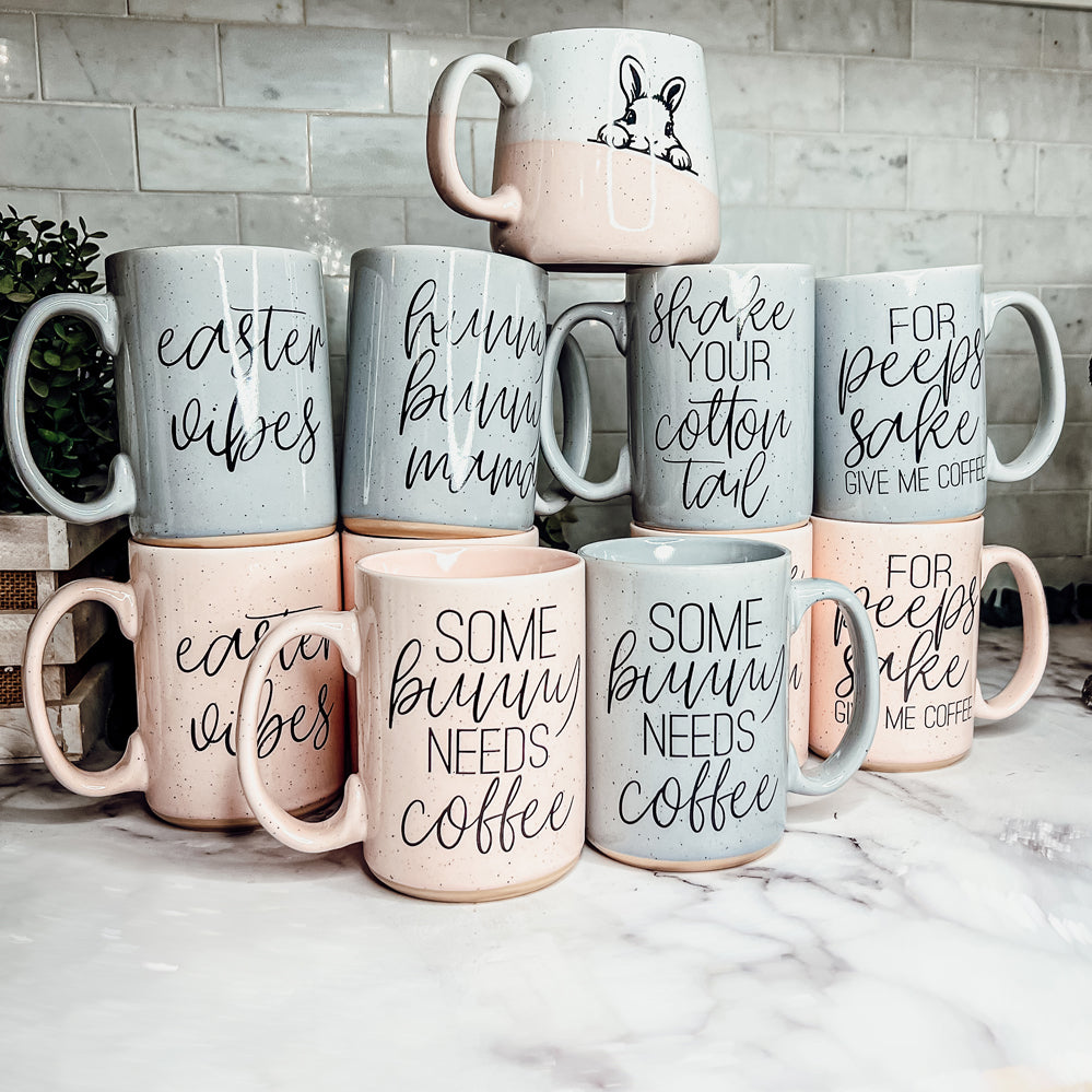 For Peep's Sake Coffee Mug 16oz Ceramic Pastel Blue Pink Funny Gift
