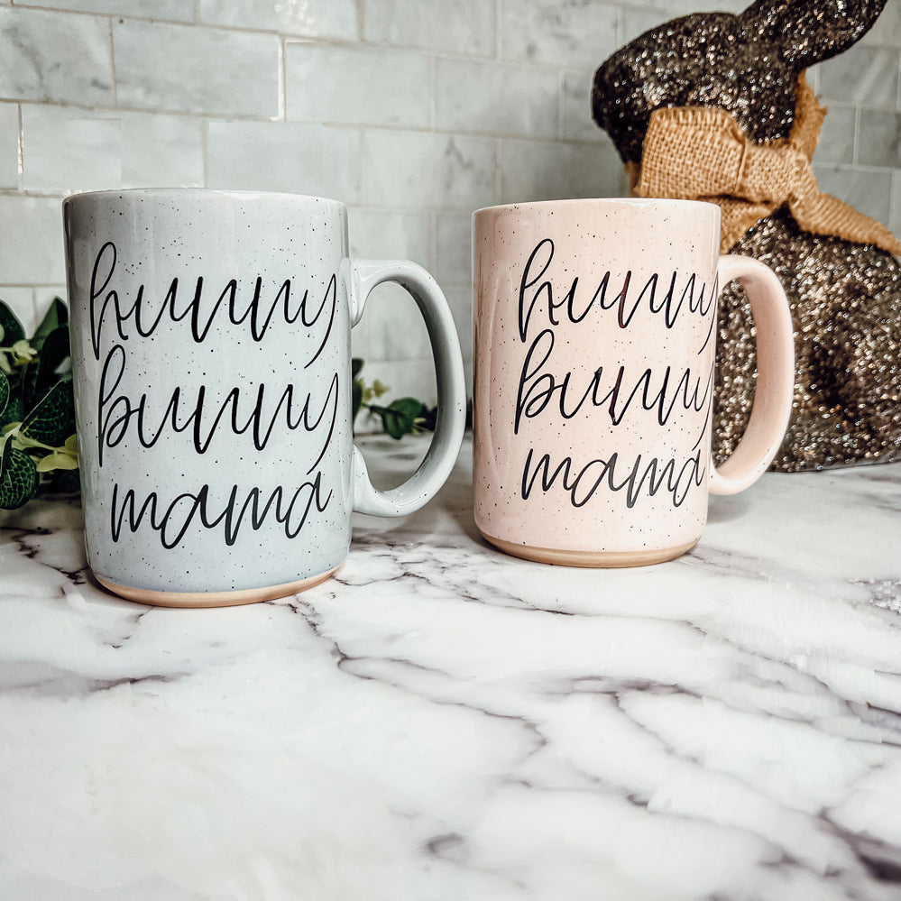 Keramiktasse „Hunny Bunny Mama“ 450 ml, groß, Pastell, Kaffeebecher, Blau, Rosa