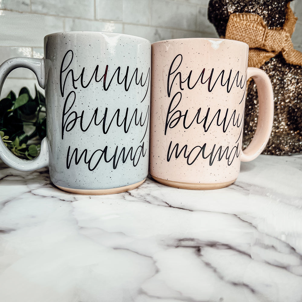 Keramiktasse „Hunny Bunny Mama“ 450 ml, groß, Pastell, Kaffeebecher, Blau, Rosa