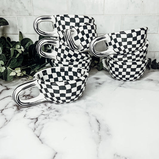 Small Black White Checkered Mug Retro Hand Painted Glossy Ceramic Dishwasher Microwave Safe