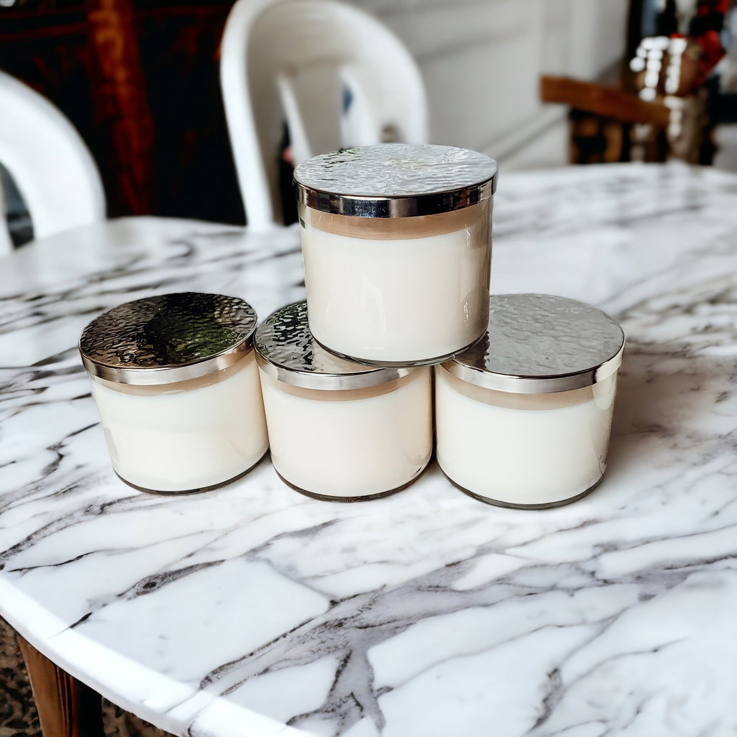 3-Wick Soy Candle 14.5oz Clear Glass Jar Silver Hammered Lid Hand-Poured USA