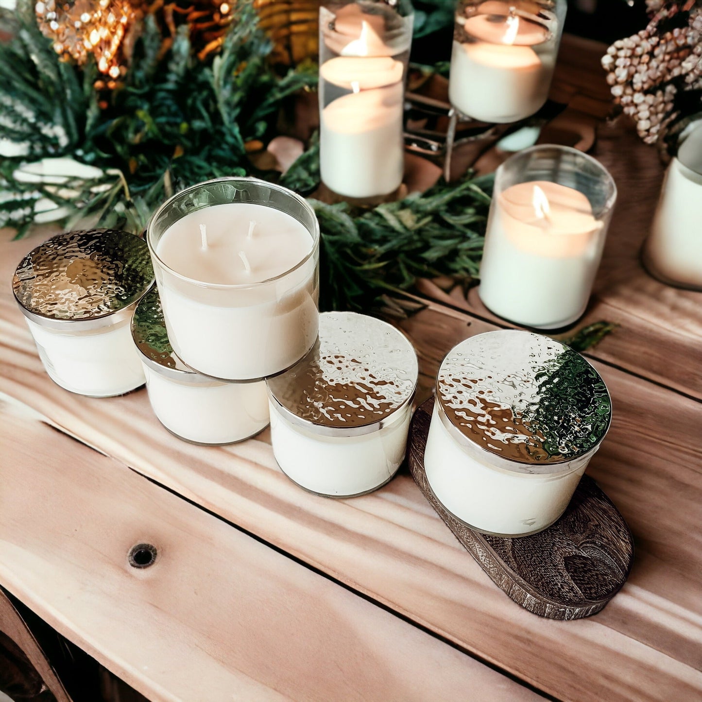 3-Wick Soy Candle 14.5oz Clear Glass Jar Silver Hammered Lid Hand-Poured USA