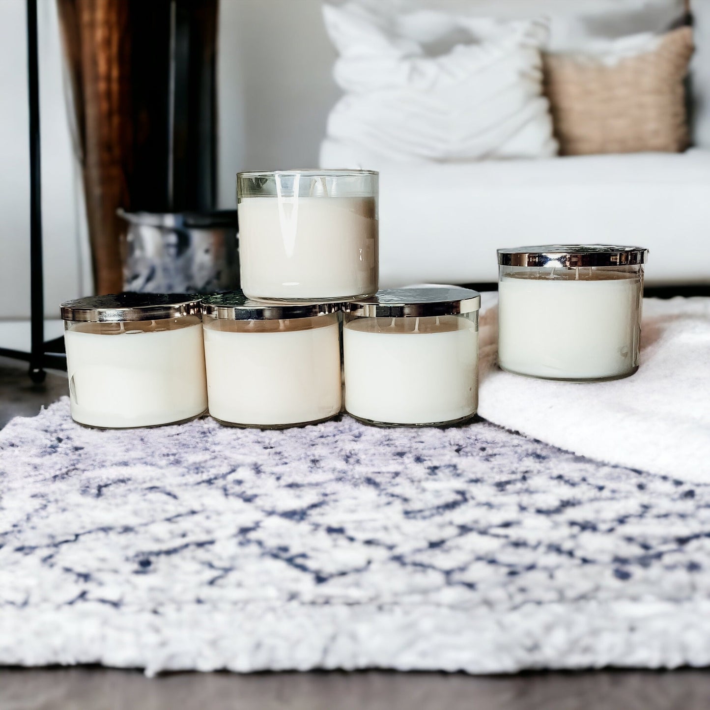 3-Wick Soy Candle 14.5oz Clear Glass Jar Silver Hammered Lid Hand-Poured USA