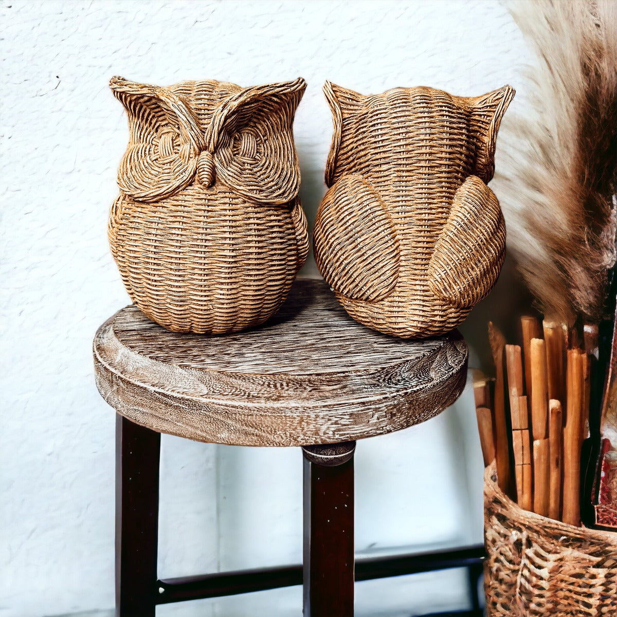 Basket Weave Owl Figurine Resin Rustic Owl Bookend Tabletop Accent Home Decor