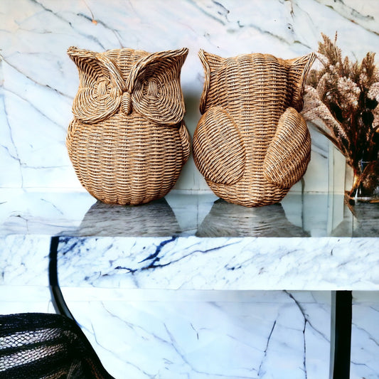 Basket Weave Owl Figurine Resin Rustic Owl Bookend Tabletop Accent Home Decor
