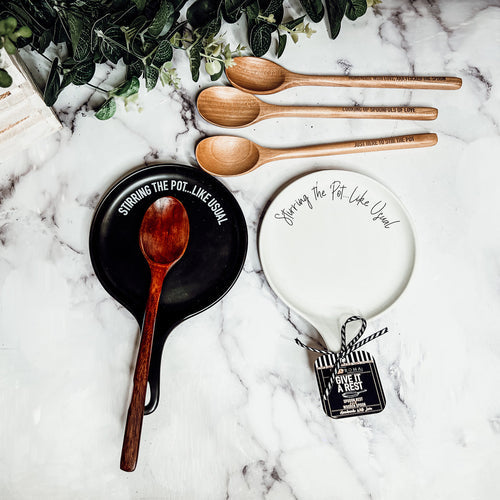 Löffelablage und Holzlöffel-Set, Farbauswahl, individuelles Zitat, Küchengeschenk