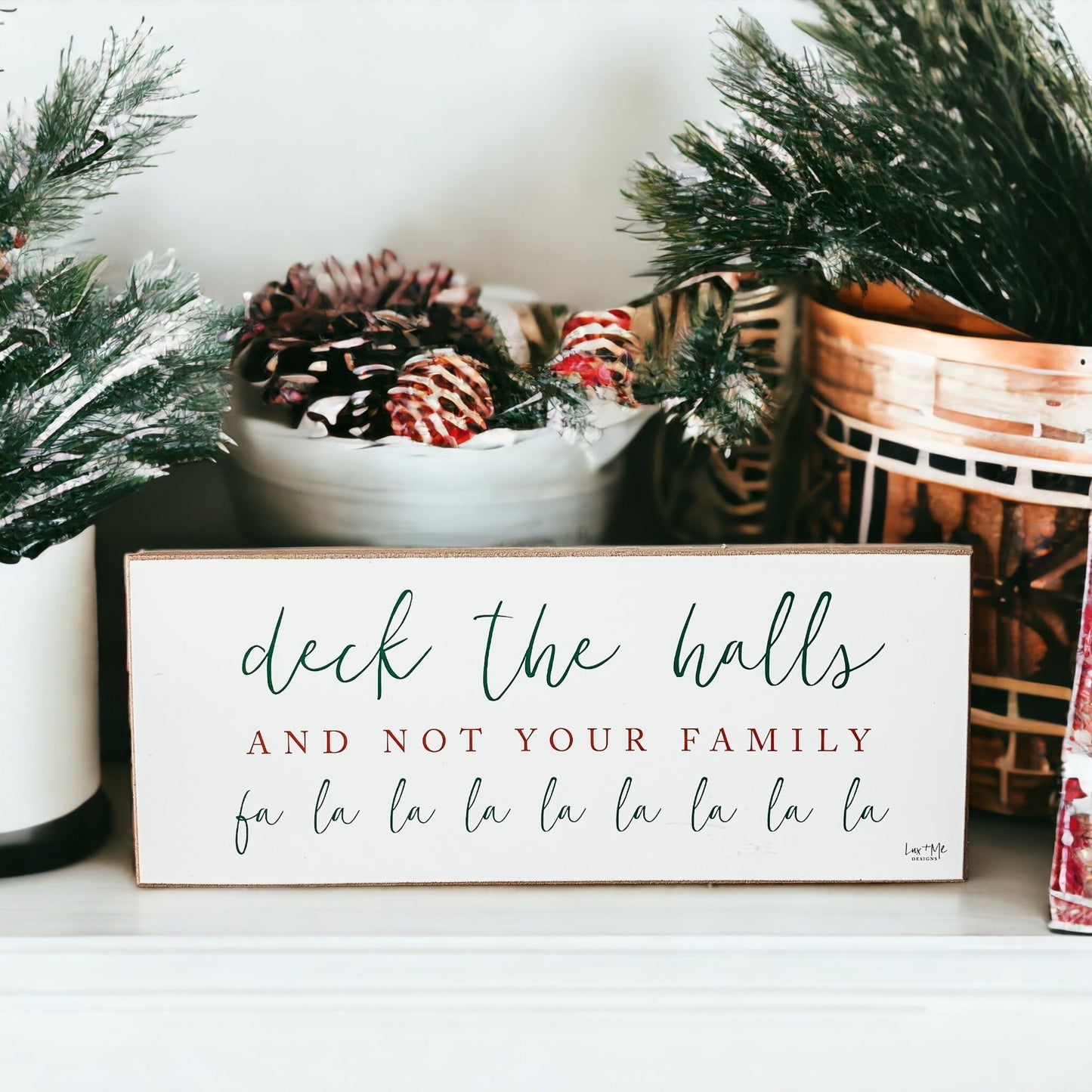 Plaque en bois de Noël humoristique "Deck The Halls" faite à la main pour tablettes et manteaux de cheminée 10x4x1 Rouge Vert