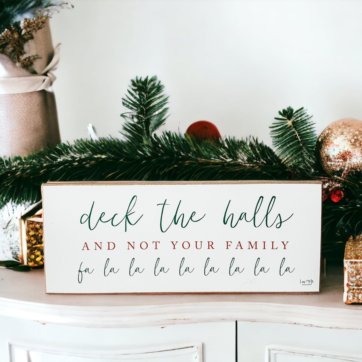 Plaque en bois de Noël humoristique "Deck The Halls" faite à la main pour tablettes et manteaux de cheminée 10x4x1 Rouge Vert