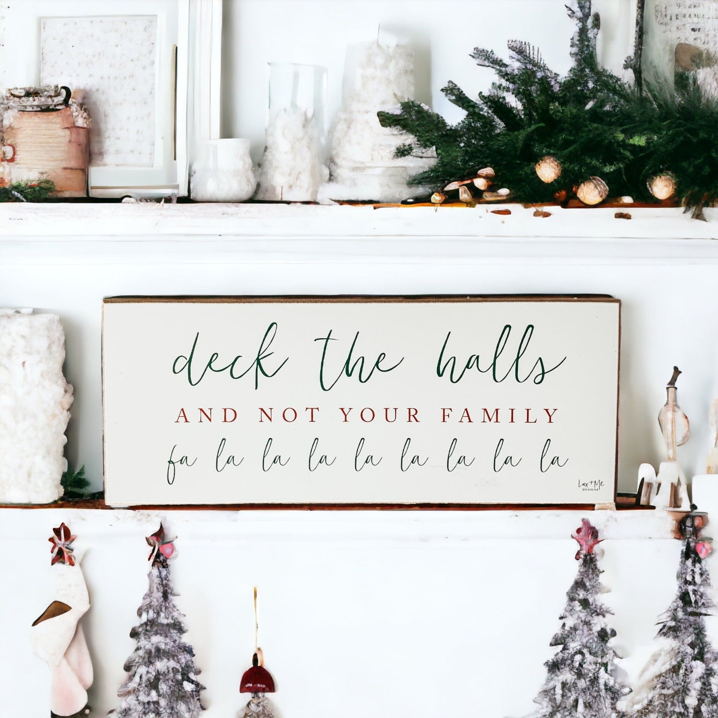 Plaque en bois de Noël humoristique "Deck The Halls" faite à la main pour tablettes et manteaux de cheminée 10x4x1 Rouge Vert