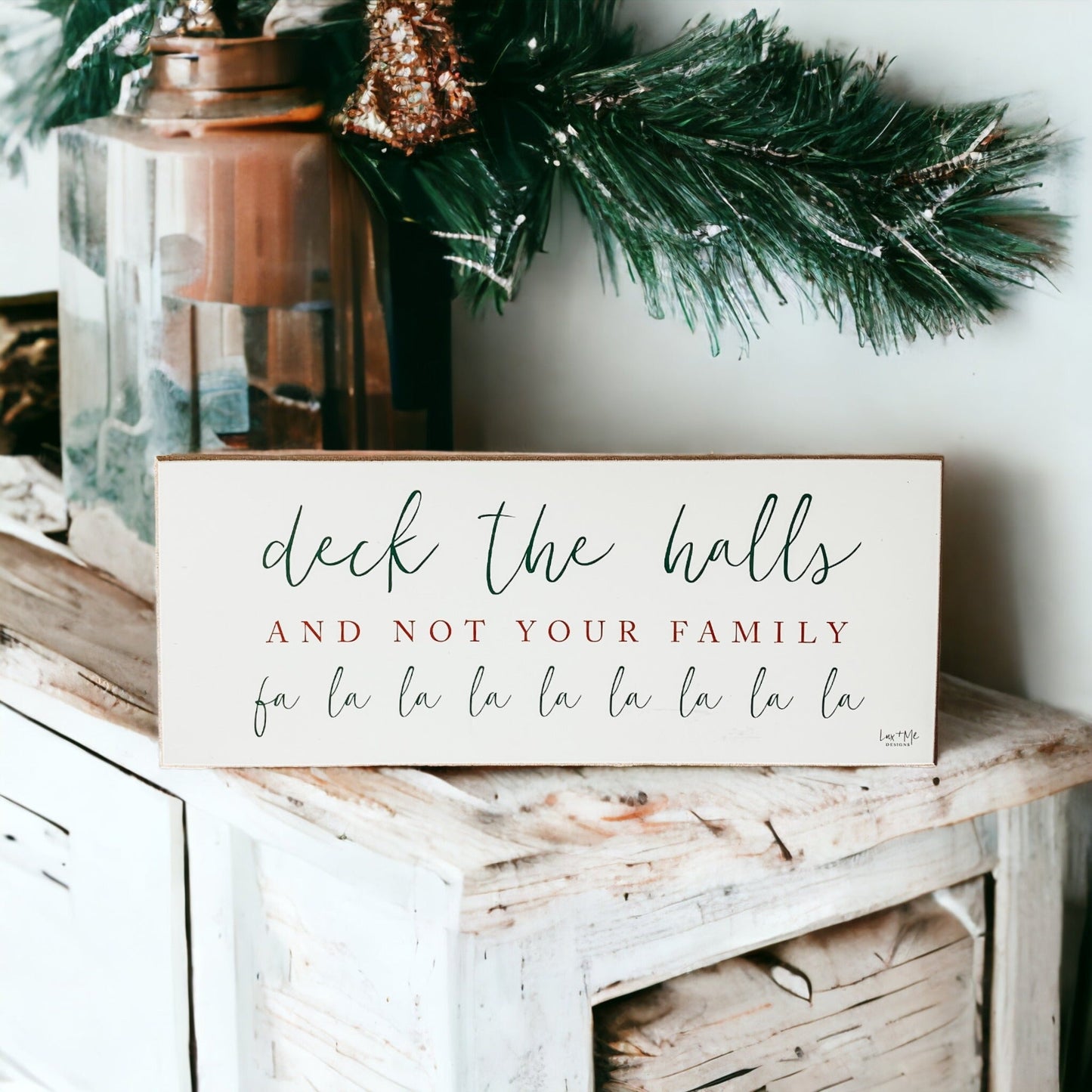 Plaque en bois de Noël humoristique "Deck The Halls" faite à la main pour tablettes et manteaux de cheminée 10x4x1 Rouge Vert
