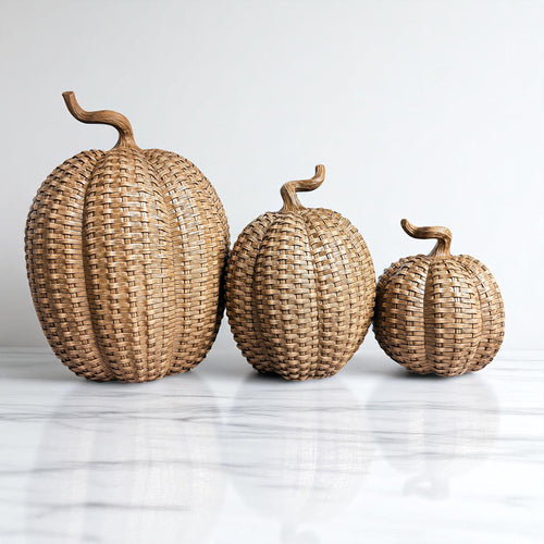 Rattan Resin Pumpkins Fall Decor - Set Or Single, 3 Sizes, Honey Cognac