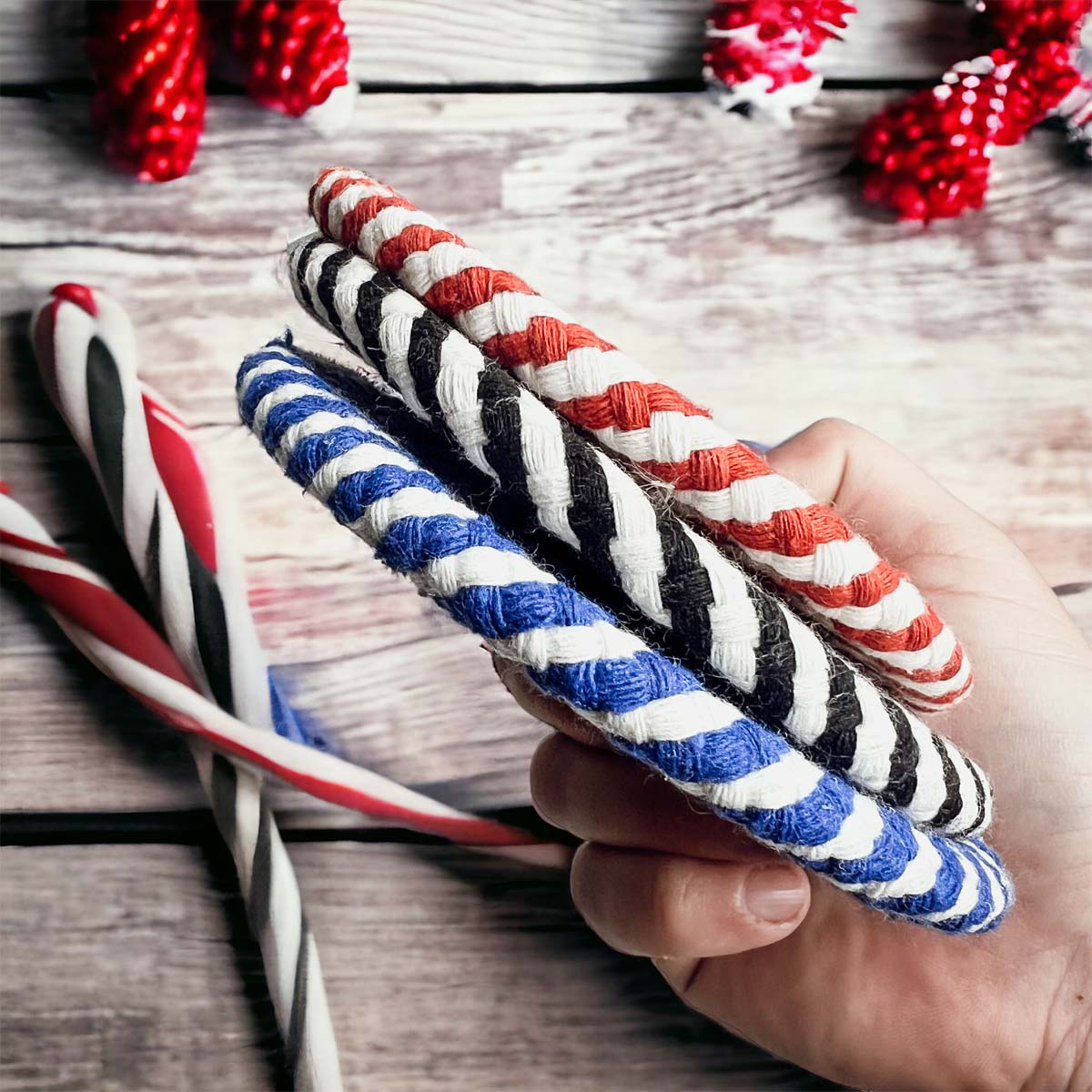 Dessous de Verre Tressés Bleus pour les Fêtes, Lot de 4, à Rayures Canne à Sucre, Protections de Table, Tapis Absorbants pour Boissons