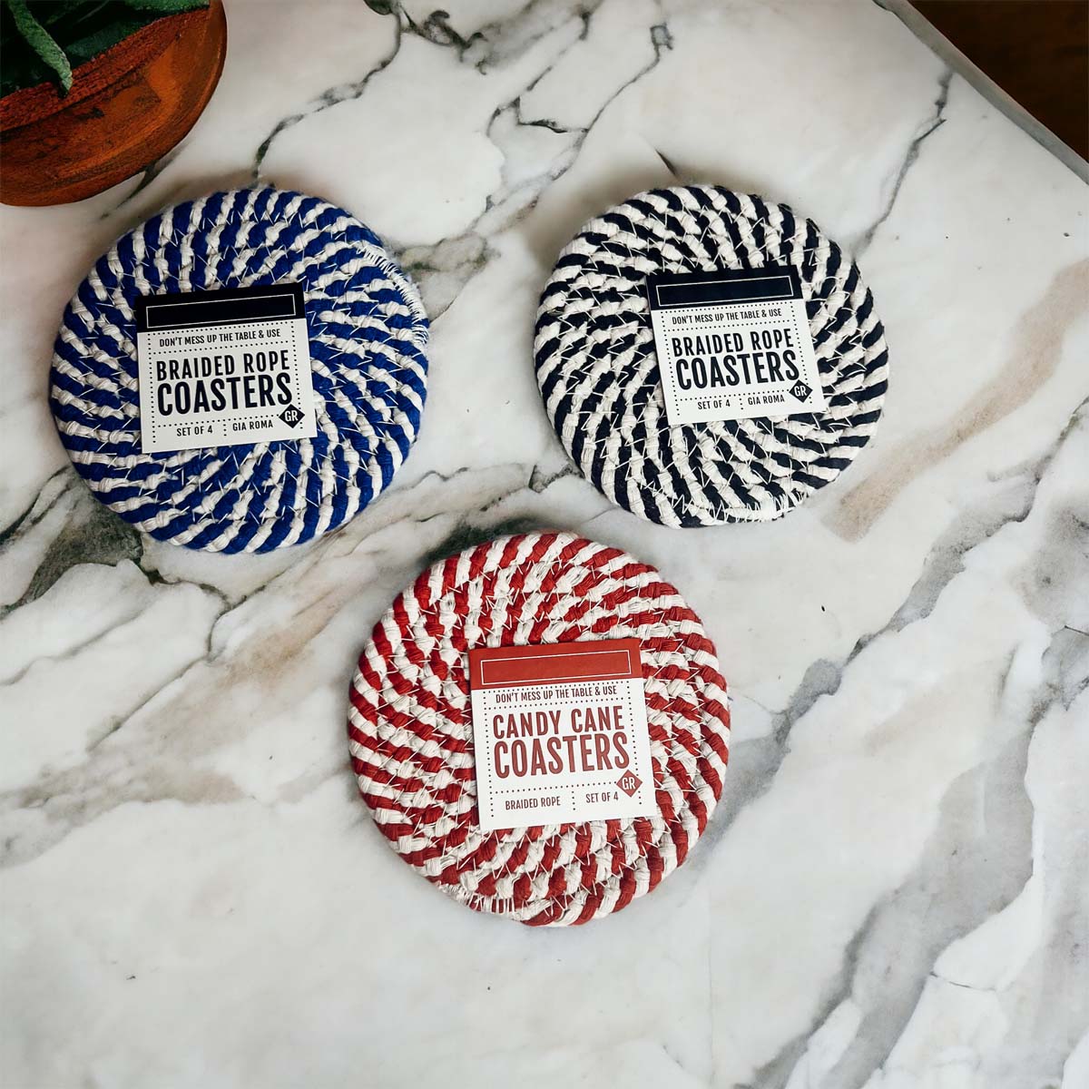 Dessous de Verre Tressés Bleus pour les Fêtes, Lot de 4, à Rayures Canne à Sucre, Protections de Table, Tapis Absorbants pour Boissons