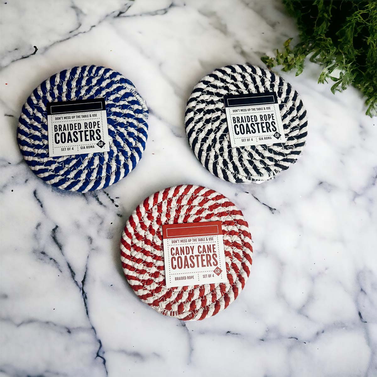 Dessous de Verre Tressés Bleus pour les Fêtes, Lot de 4, à Rayures Canne à Sucre, Protections de Table, Tapis Absorbants pour Boissons