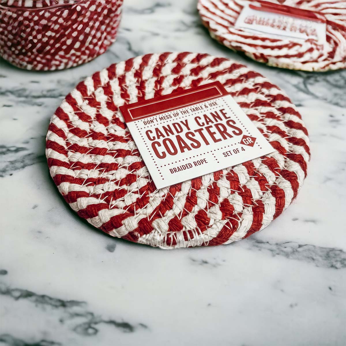Black Braided Coaster Set 4-Pack Candy Cane Stripe Coasters Table Protectors