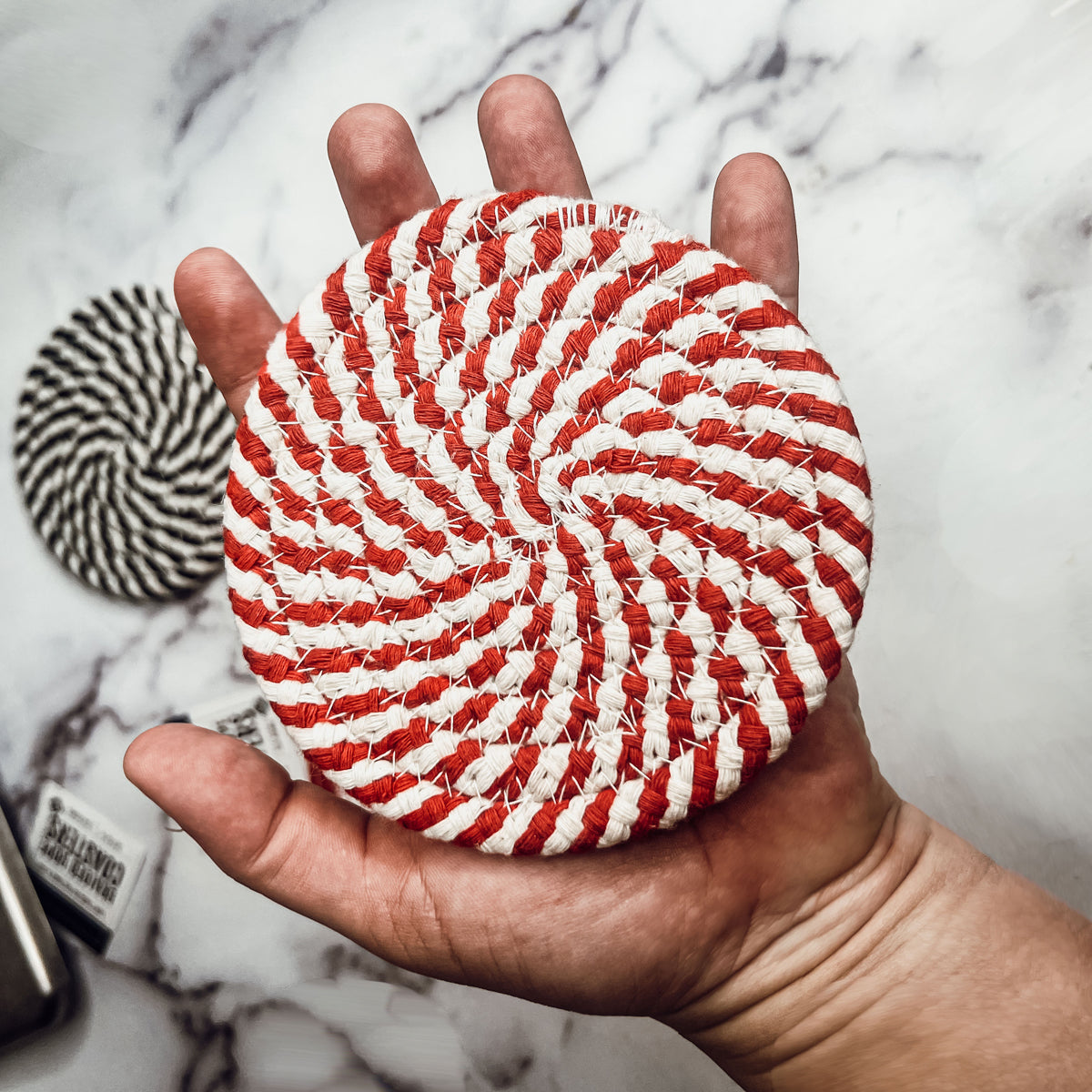 Black Braided Coaster Set 4-Pack Candy Cane Stripe Coasters Table Protectors
