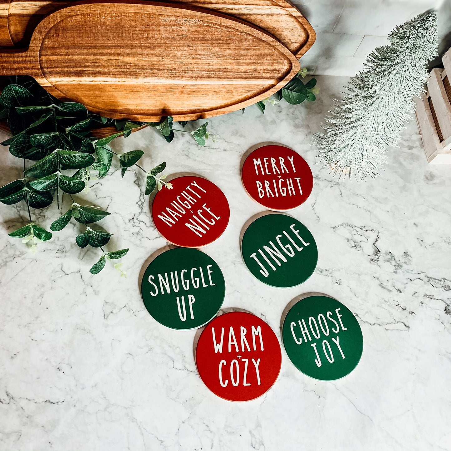 Holiday Ceramic Coaster Set With Cork Back Non Scratch Decorative Display Ready Table Accent