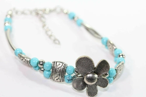 Bracelet Fleur Pétale Argent Turquoise avec Rallonge