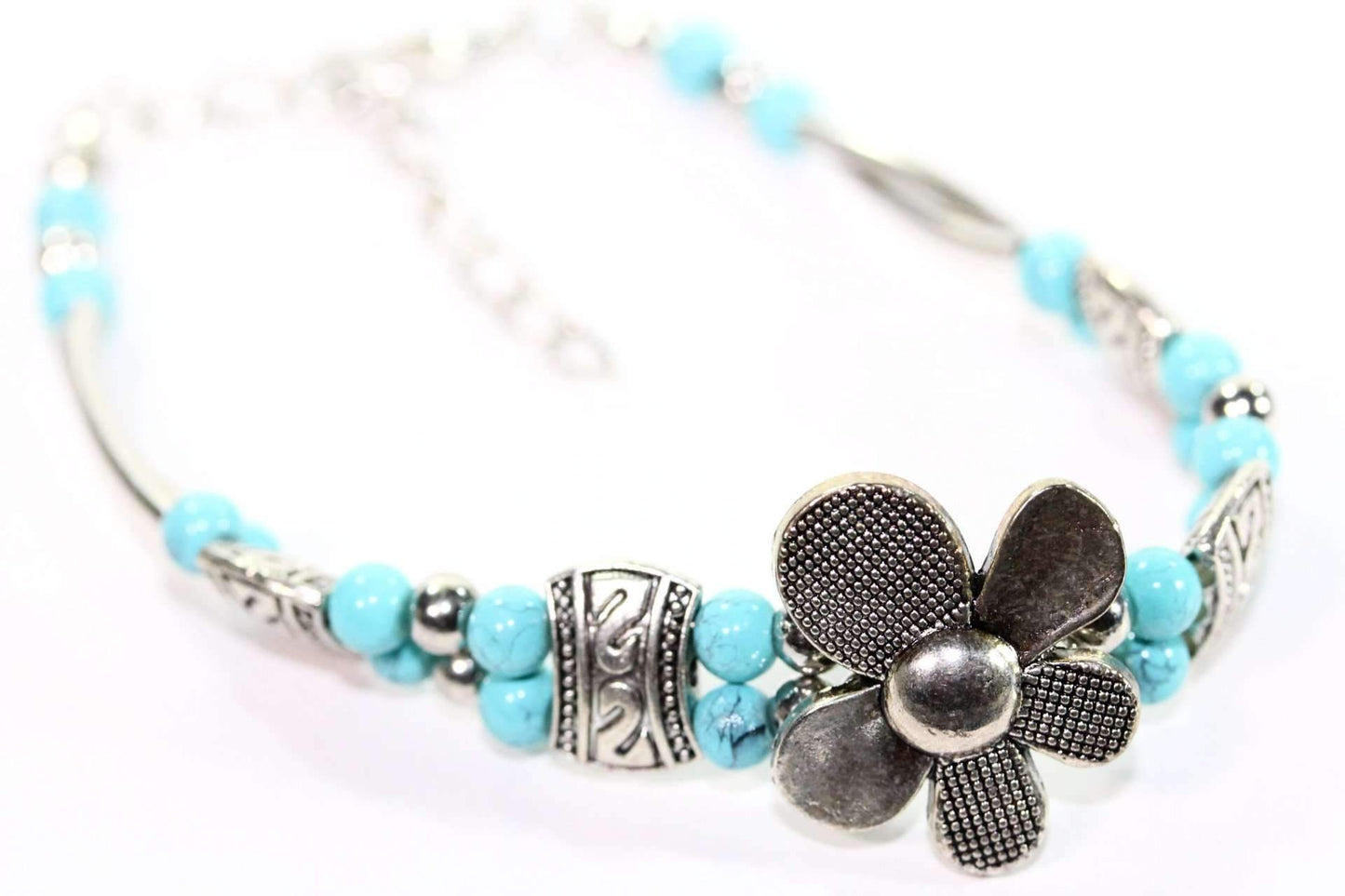 Bracelet Fleur Pétale Argent Turquoise avec Rallonge