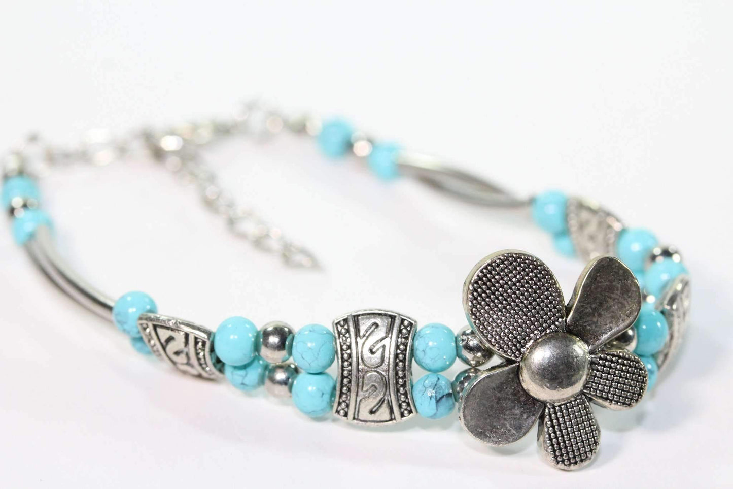 Bracelet Fleur Pétale Argent Turquoise avec Rallonge